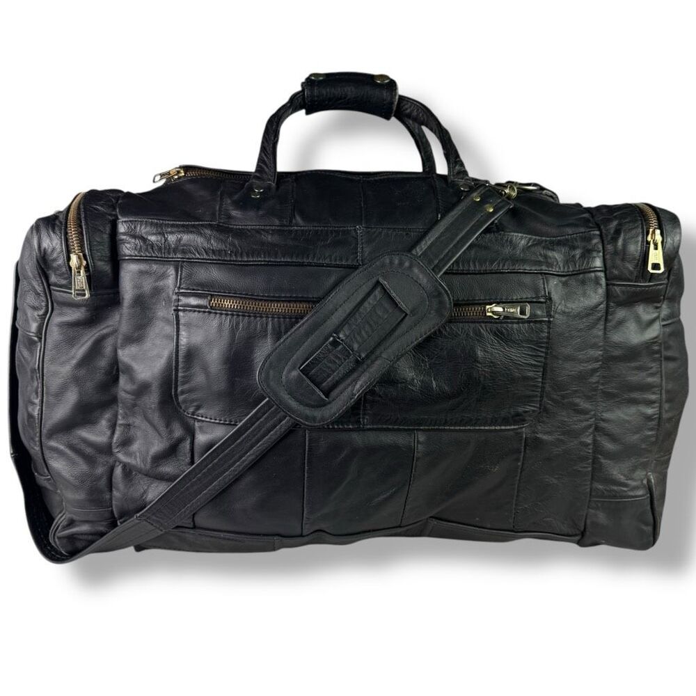 Vintage 80s 90s Y2K Duffel Travel Overnight Bag Weekender Black Leather Denim - Picture 11 of 11